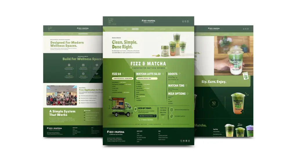 Fizz & Matcha Shopify website homepage and wellness brand design